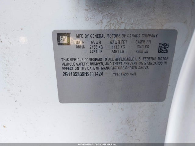 45962587 :رقم المزاد ، 2G1105S39H9111424 vin ، 2017 Chevrolet Impala 1lt مزاد بيع
