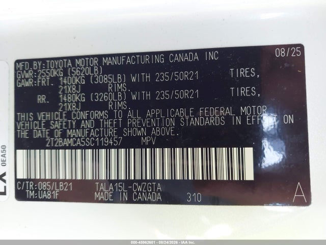 Aukcja sprzedaży 2025 Lexus Rx 350 Premium Plus, vin: 2T2BAMCA5SC119457, numer aukcji: 45962601