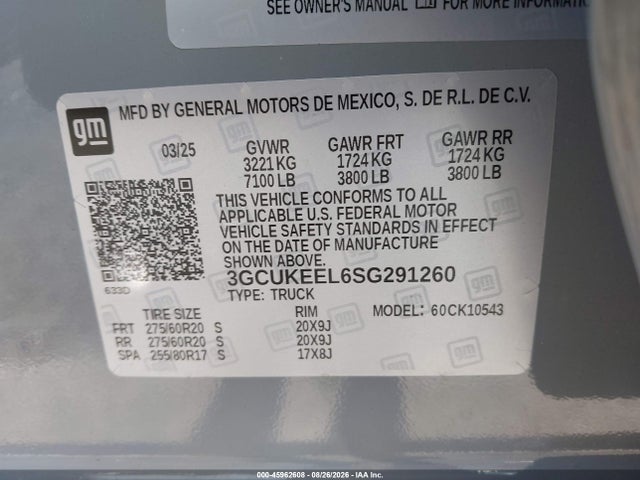 Aukcja sprzedaży 2025 Chevrolet Silverado 1500 4wd  Short Bed Rst, vin: 3GCUKEEL6SG291260, numer aukcji: 45962608