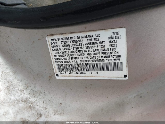 Aukcja sprzedaży 2007 Honda Odyssey Ex-l, vin: 5FNRL38797B107545, numer aukcji: 45962609