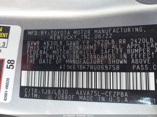 45962626 :رقم المزاد ، 4T1K61BK7NU069758 vin ، 2022 Toyota Camry Xse Awd مزاد بيع
