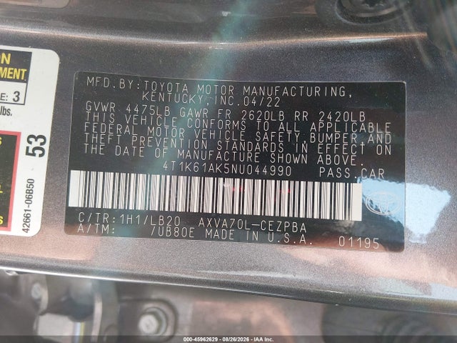 Продаж на аукціоні авто 2022 Toyota Camry Xse, vin: 4T1K61AK5NU044990, номер лоту: 45962629