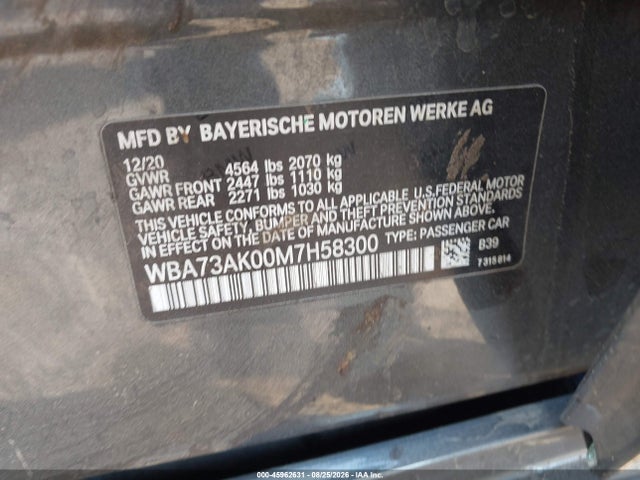 45962631 :رقم المزاد ، WBA73AK00M7H58300 vin ، 2021 Bmw 228i Gran Coupe Xdrive مزاد بيع