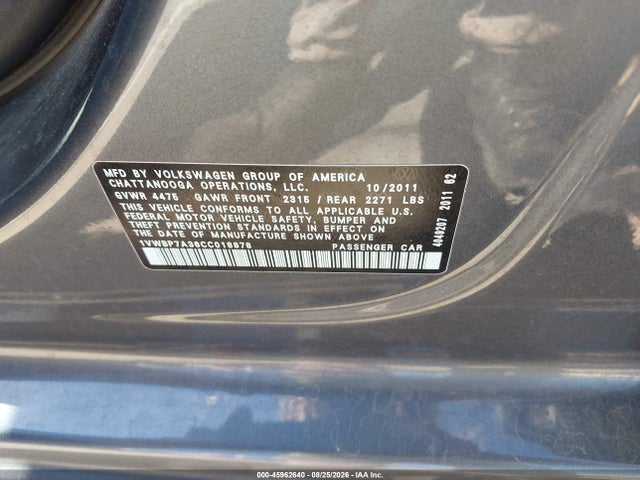 Aukcja sprzedaży 2012 Volkswagen Passat 2.5l Se, vin: 1VWBP7A36CC018878, numer aukcji: 45962640