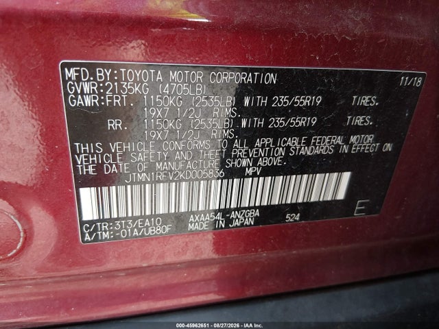45962651 :رقم المزاد ، JTMN1RFV2KD005836 vin ، 2019 Toyota Rav4 Limited مزاد بيع
