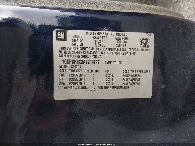 45962657 :رقم المزاد ، 1GCPCPEX3AZ209797 vin ، 2010 Chevrolet Silverado 1500 Work Truck مزاد بيع