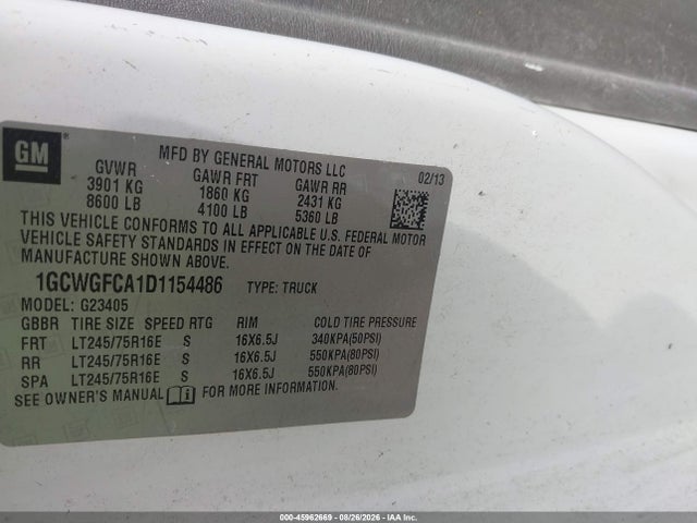 Aukcja sprzedaży 2013 Chevrolet Express 2500 Work Van, vin: 1GCWGFCA1D1154486, numer aukcji: 45962669