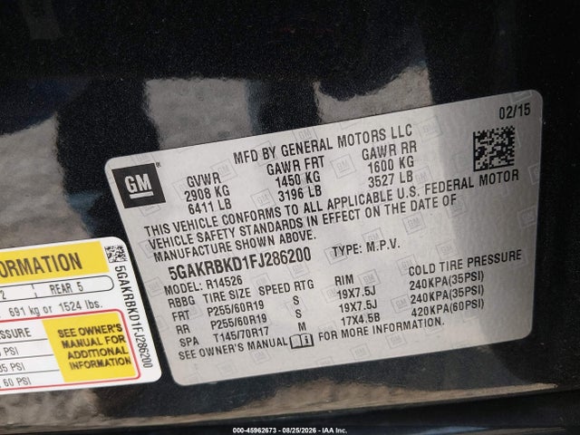 Aukcja sprzedaży 2015 Buick Enclave Leather, vin: 5GAKRBKD1FJ286200, numer aukcji: 45962673