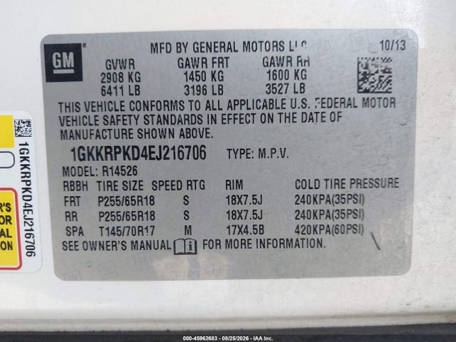 1GKKRPKD4EJ216706 GMC Acadia Sle-2