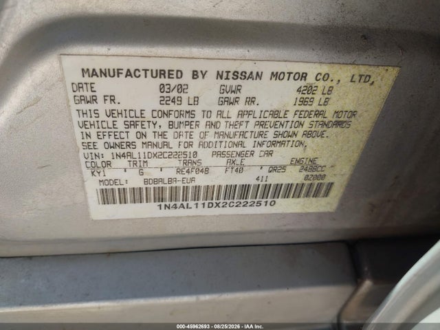 Продаж на аукціоні авто 2002 Nissan Altima 2.5 Sl, vin: 1N4AL11DX2C222510, номер лоту: 45962693