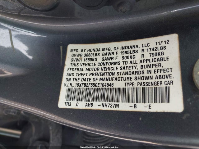 Продажа на аукционе авто 2012 Honda Civic Lx, vin: 19XFB2F55CE104546, номер лота: 45962694