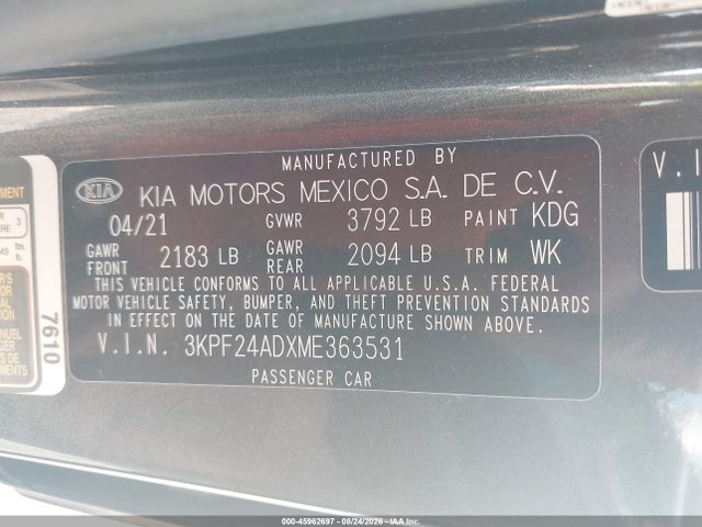 Aukcja sprzedaży 2021 Kia Forte Lxs, vin: 3KPF24ADXME363531, numer aukcji: 45962697