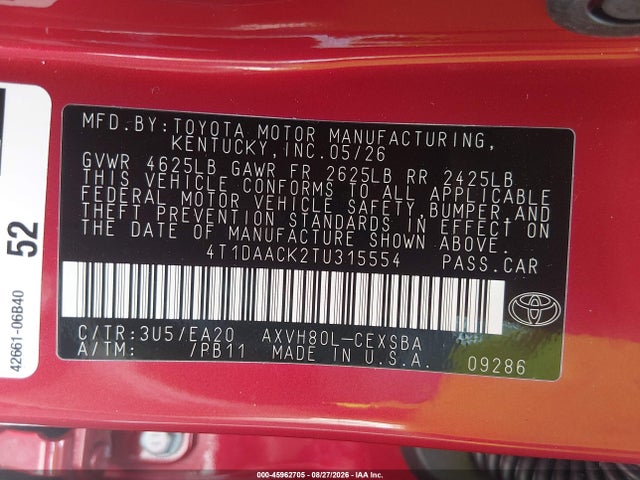 Toyota CAMRY SE 2026 4T1DAACK2TU315554 Image 9
