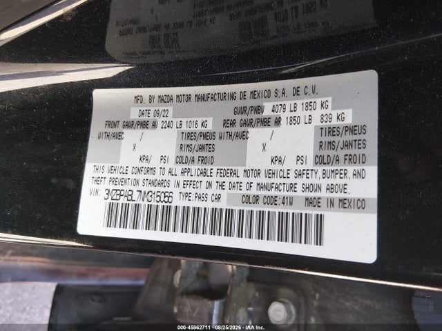 Aukcja sprzedaży 2022 Mazda Mazda3 Select, vin: 3MZBPABL7NM315056, numer aukcji: 45962711