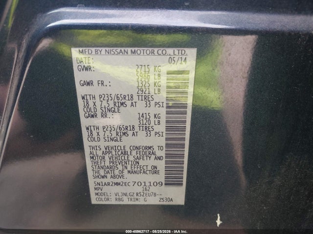 45962717 :رقم المزاد ، 5N1AR2MM2EC701109 vin ، 2014 Nissan Pathfinder Sl مزاد بيع