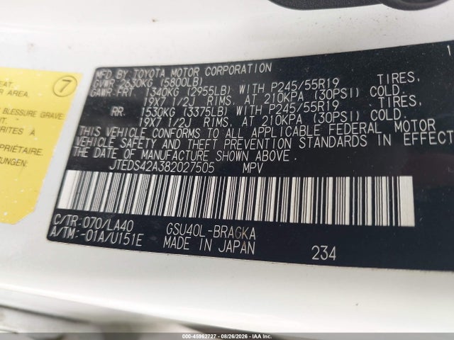 Aukcja sprzedaży 2008 Toyota Highlander Limited, vin: JTEDS42A382027505, numer aukcji: 45962727