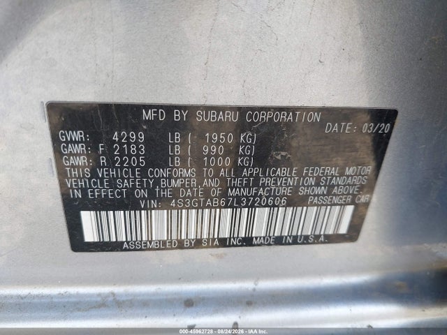 2020 Subaru Impreza 5-door მანქანა იყიდება აუქციონზე, vin: 4S3GTAB67L3720606, აუქციონის ნომერი: 45962728