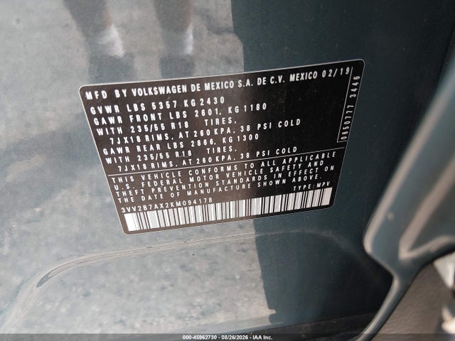 3VV2B7AX2KM094178 Volkswagen Tiguan Se/sel/sel R-line Jet-black/sel R-line