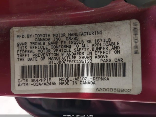 45962731 :رقم المزاد ، 2T1BB02E9TC139193 vin ، 1996 Toyota Corolla Dx مزاد بيع