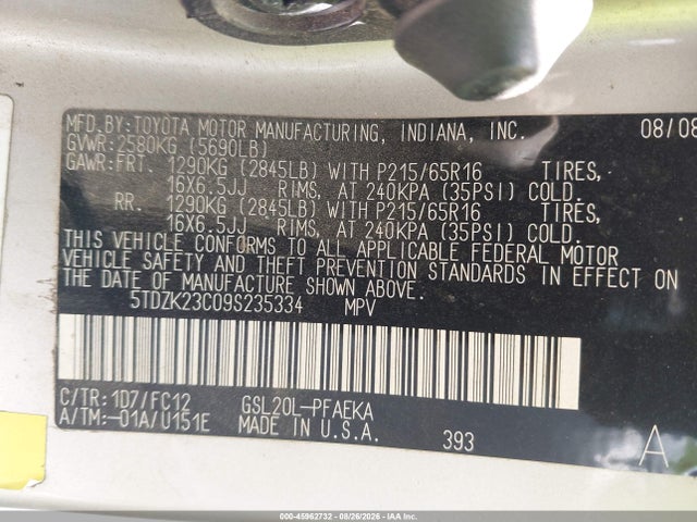 Продажа на аукционе авто 2009 Toyota Sienna Le, vin: 5TDZK23C09S235334, номер лота: 45962732