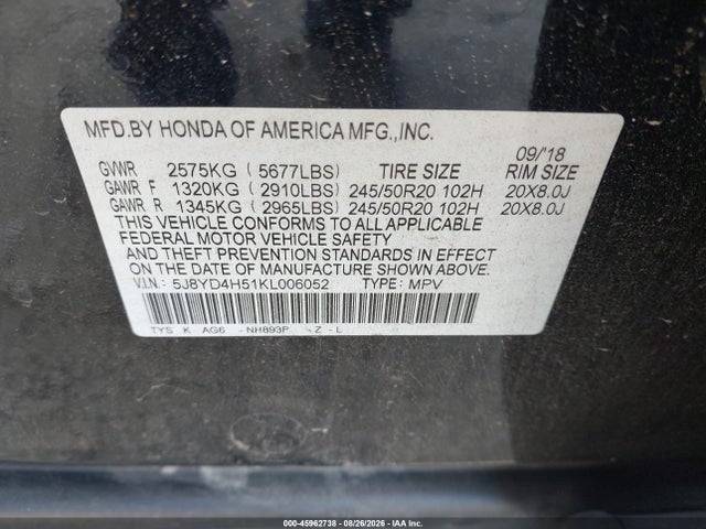 2019 Acura Mdx Tech Pkg მანქანა იყიდება აუქციონზე, vin: 5J8YD4H51KL006052, აუქციონის ნომერი: 45962738