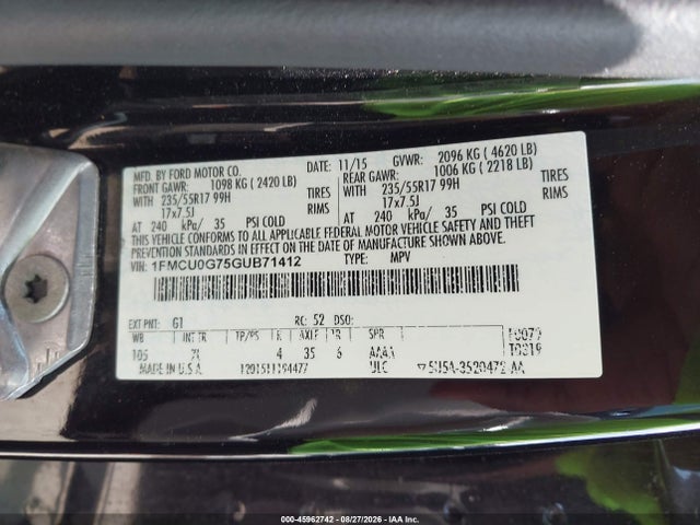 45962742 :رقم المزاد ، 1FMCU0G75GUB71412 vin ، 2016 Ford Escape Se مزاد بيع