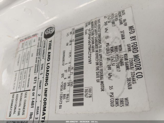 Aukcja sprzedaży 2009 Ford F-150 Fx4/king Ranch/lariat/platinum/xl/xlt, vin: 1FTPW14V79KC72197, numer aukcji: 45962761