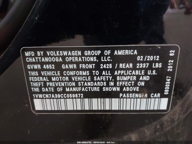 45962762 :رقم المزاد ، 1VWCN7A39CC059872 vin ، 2012 Volkswagen Passat 2.0l Tdi Sel Premium مزاد بيع
