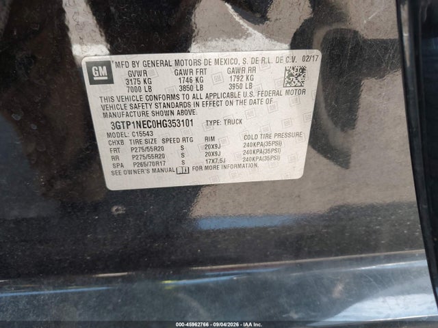 2017 Gmc Sierra 1500 Slt მანქანა იყიდება აუქციონზე, vin: 3GTP1NEC0HG353101, აუქციონის ნომერი: 45962766