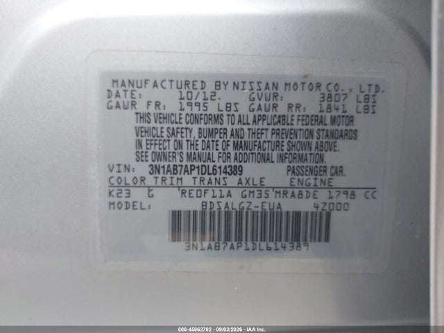 Продажа на аукционе авто 2013 Nissan Sentra Sl, vin: 3N1AB7AP1DL614389, номер лота: 45962782