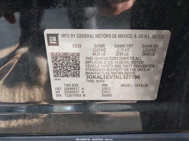 2019 Gmc Terrain Sle მანქანა იყიდება აუქციონზე, vin: 3GKALTEV7KL327796, აუქციონის ნომერი: 45962795