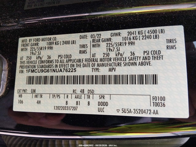 Aukcja sprzedaży 2022 Ford Escape Se, vin: 1FMCU9G61NUA76225, numer aukcji: 45962802