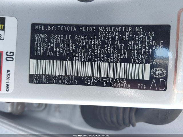 2T1BURHE7HC778492 Toyota COROLLA LE