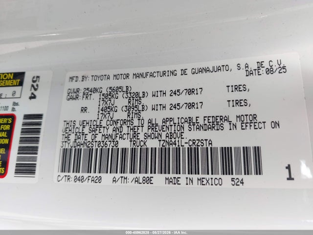 45962828 :رقم المزاد ، 3TYJDAHN2ST036730 vin ، 2025 Toyota Tacoma Sr مزاد بيع