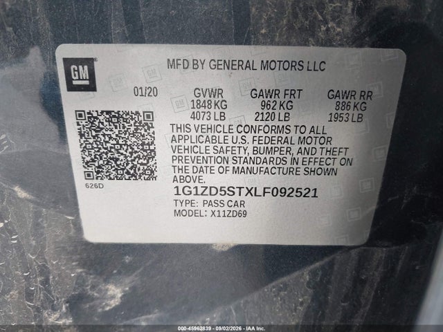 Aukcja sprzedaży 2020 Chevrolet Malibu Fwd Lt, vin: 1G1ZD5STXLF092521, numer aukcji: 45962839