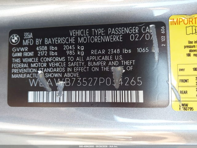Продаж на аукціоні авто 2007 Bmw 335i, vin: WBAWB73527P034265, номер лоту: 45962850