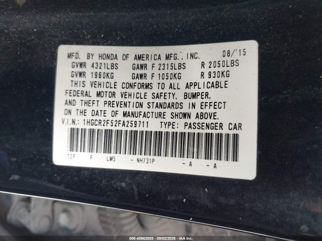 45962855 :رقم المزاد ، 1HGCR2F52FA259711 vin ، 2015 Honda Accord Sport مزاد بيع