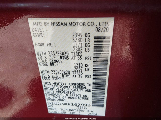 Продажа на аукционе авто 2020 Nissan Murano Sl Intelligent Awd, vin: 5N1AZ2CS0LN162992, номер лота: 45962862