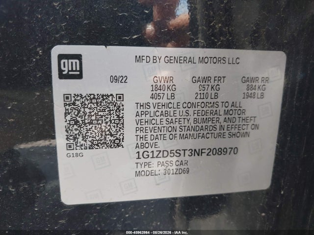 2022 Chevrolet Malibu Fwd Lt მანქანა იყიდება აუქციონზე, vin: 1G1ZD5ST3NF208970, აუქციონის ნომერი: 45962864