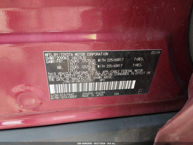 2019 Toyota Rav4 Le მანქანა იყიდება აუქციონზე, vin: JTMG1RFV8KD022391, აუქციონის ნომერი: 45962865