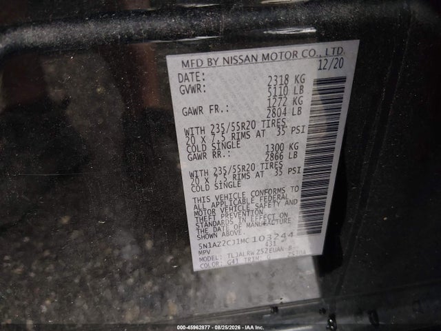 Продаж на аукціоні авто 2021 Nissan Murano Sl Fwd, vin: 5N1AZ2CJ1MC103244, номер лоту: 45962877