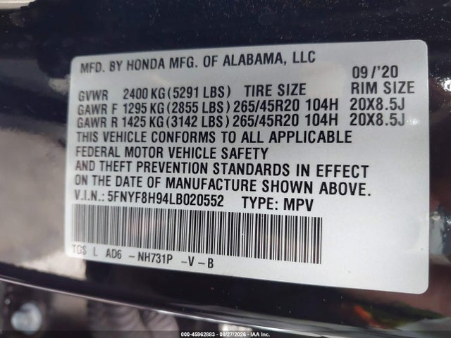 Auction sale of the 2020 Honda Passport Awd Touring, vin: 5FNYF8H94LB020552, lot number: 45962883