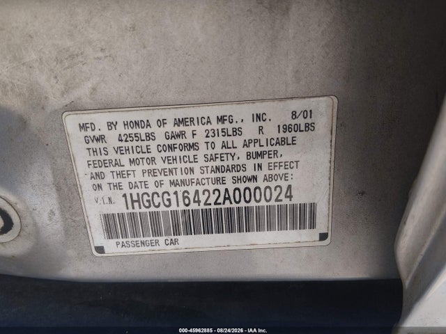 Aukcja sprzedaży 2002 Honda Accord 3.0 Lx, vin: 1HGCG16422A000024, numer aukcji: 45962885