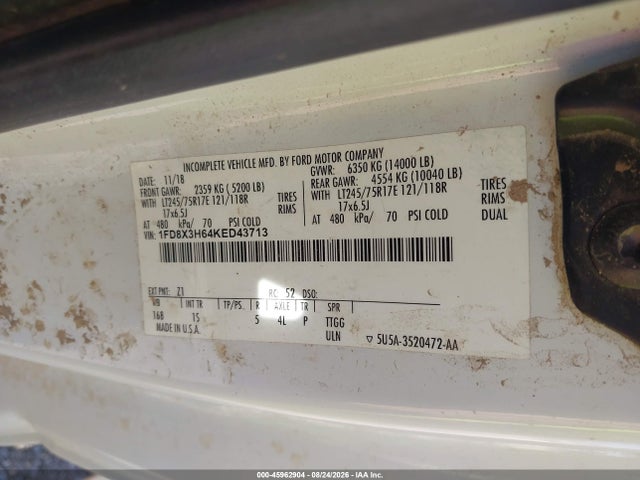 45962904 :رقم المزاد ، 1FD8X3H64KED43713 vin ، 2019 Ford F-350 Chassis Xl مزاد بيع