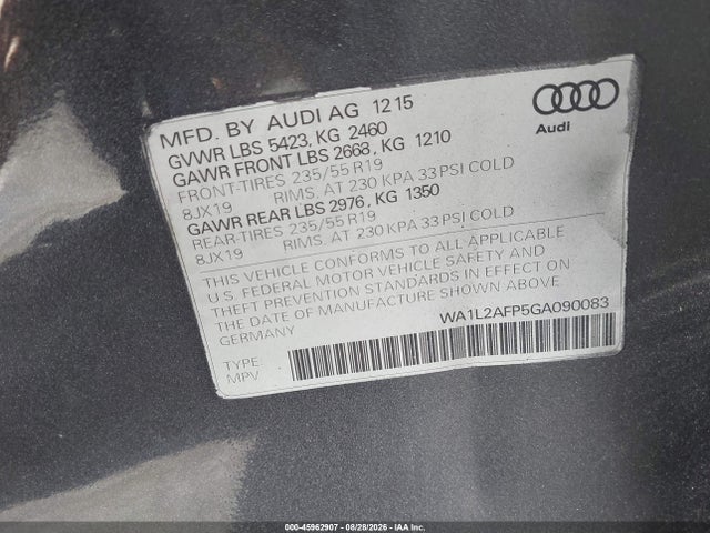 45962907 :رقم المزاد ، WA1L2AFP5GA090083 vin ، 2016 Audi Q5 2.0t Premium مزاد بيع