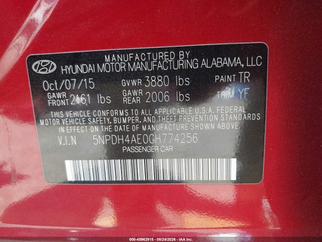 5NPDH4AE0GH774256 Hyundai ELANTRA SE