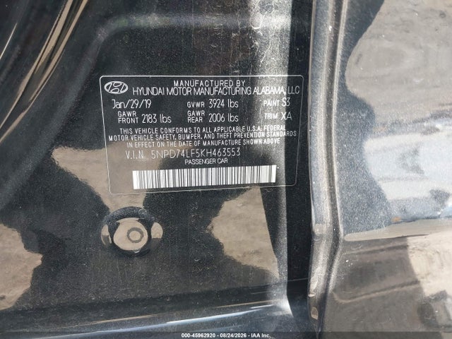 45962920 :رقم المزاد ، 5NPD74LF5KH463553 vin ، 2019 Hyundai Elantra Se مزاد بيع