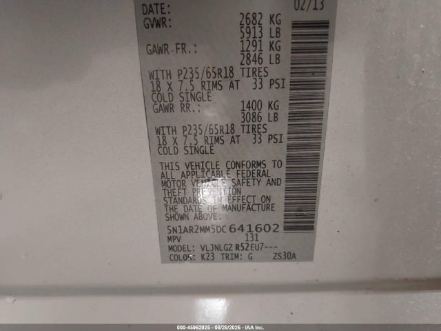 Продаж на аукціоні авто 2013 Nissan Pathfinder Sl, vin: 5N1AR2MM5DC641602, номер лоту: 45962925