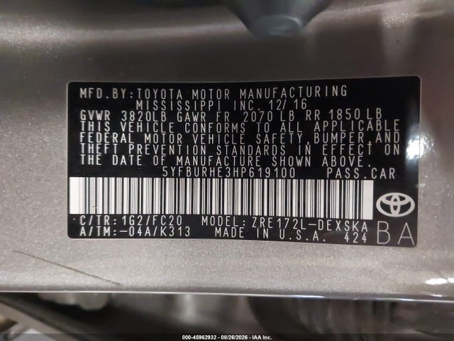 Продажа на аукционе авто 2017 Toyota Corolla Se, vin: 5YFBURHE3HP619100, номер лота: 45962932