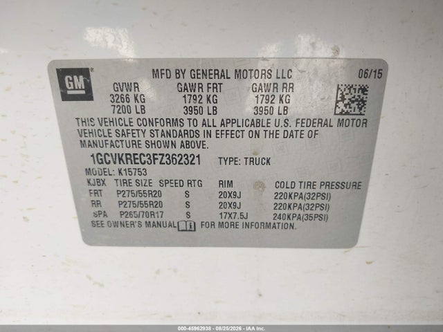 Aukcja sprzedaży 2015 Chevrolet Silverado 1500 Lt, vin: 1GCVKREC3FZ362321, numer aukcji: 45962938